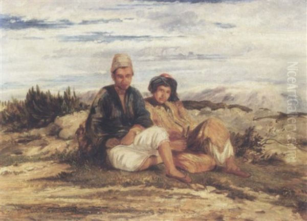 Two Oriental Boys Resting In A Landscape Oil Painting by William James Mueller