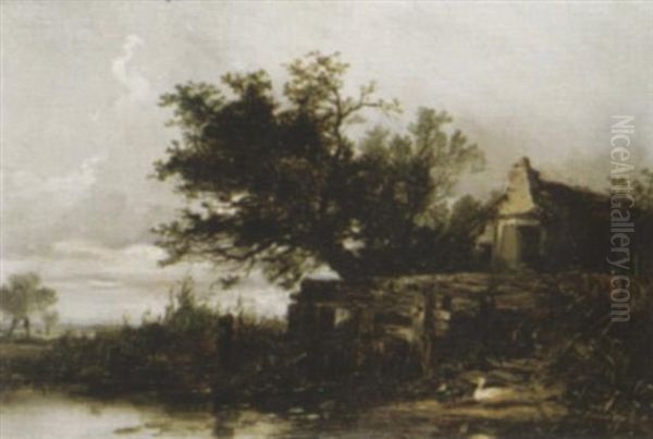 A Dutch Pond Oil Painting by William James Mueller