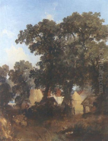 Herding The Sheep By The Farmstead Oil Painting by William James Mueller