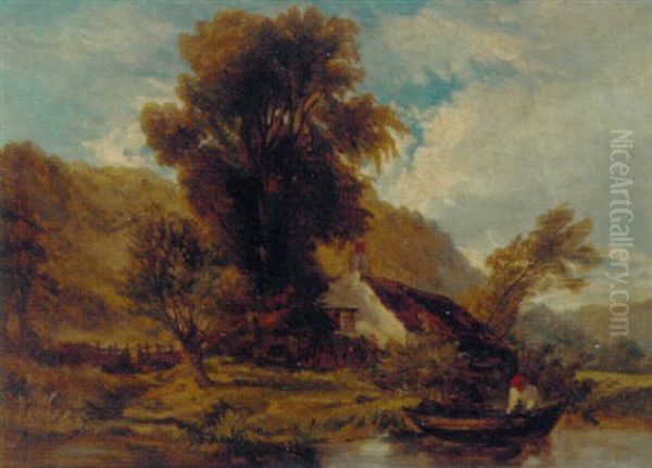 A Figure By A Cottage Unloading A Boat In A Wooded River Landscape Oil Painting by William James Mueller