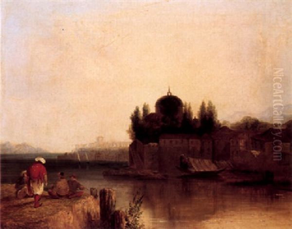 A Turkish Scene (bosphorus?) Oil Painting by William James Mueller