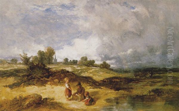 Whitchurch Heath With Children By A Pool Oil Painting by William James Mueller