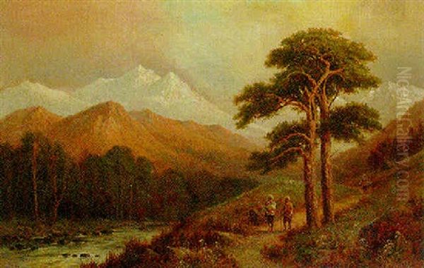 Footsoldiers On A Path In A Himmalayan River Landscape Oil Painting by William James Mueller