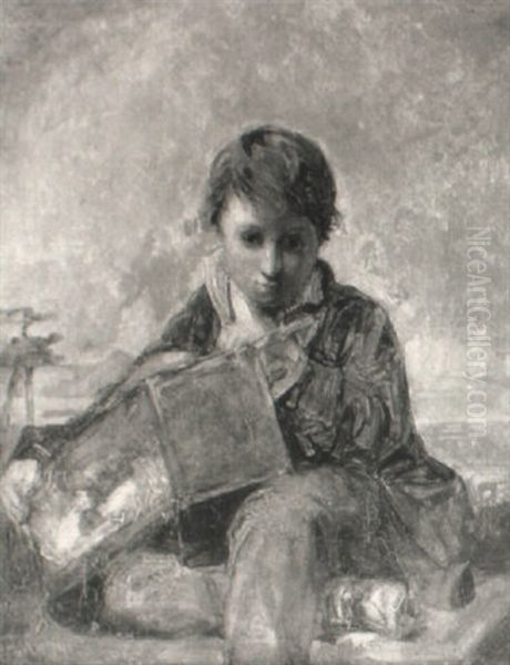 Young Boy Holding A Crate Of Chickens Oil Painting by William James Mueller