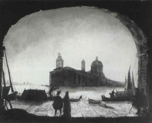 Figures Beneath An Arch Looking Towards Santa Maria Della   Salute, Venice Oil Painting by William James Mueller