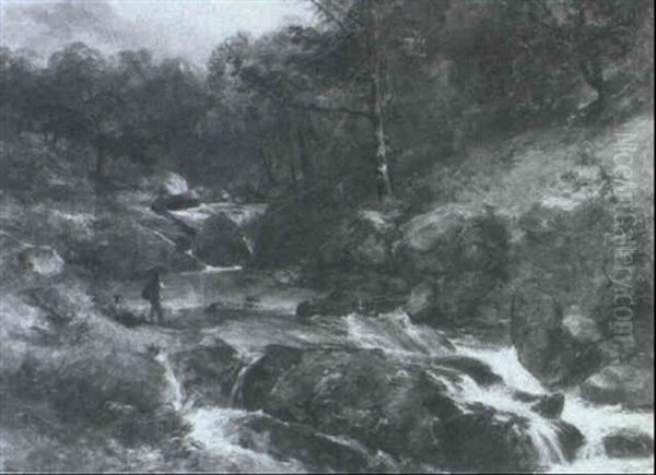 Trout Stream With Fisherman Oil Painting by William James Mueller