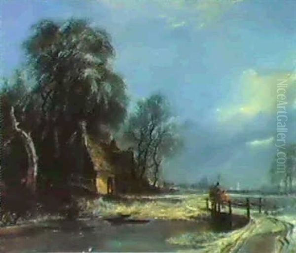 An Extensive Winter Landscape,with Figures Crossing A Bridgenear A Cottage Oil Painting by William James Mueller