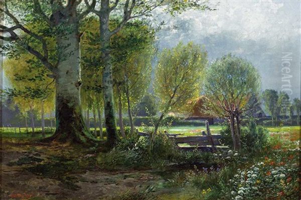 Blick Auf Bluhende Wiese, Bachlauf Und Kleines Gehoft An Einem Sonnigen Fruhlingstag Oil Painting by Carl Mueller