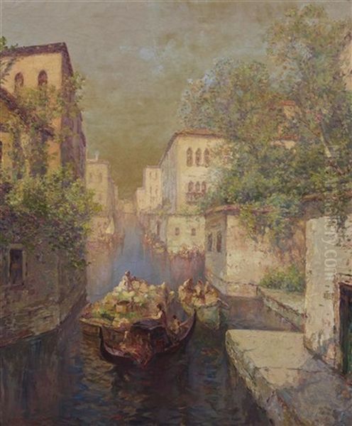 Vendors On The Canal Oil Painting by Carl Mueller