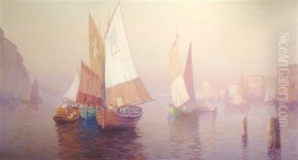 Red Sails In The Sunset Oil Painting by Carl Mueller