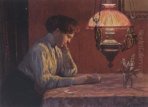 A Woman In An Interior Oil Painting by Karl Mueller