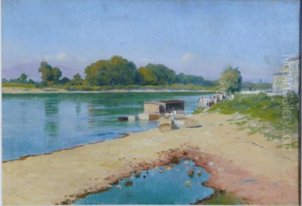 Avignon Le Bateau Lavoir Sur Le Rhone Oil Painting by Lina Bill