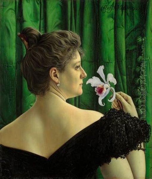 Dame Mit Orchidee (lillian Sanderson) Oil Painting by Richard Mueller