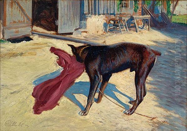 Hofhund Mit Rotem Tuch Oil Painting by Richard Mueller