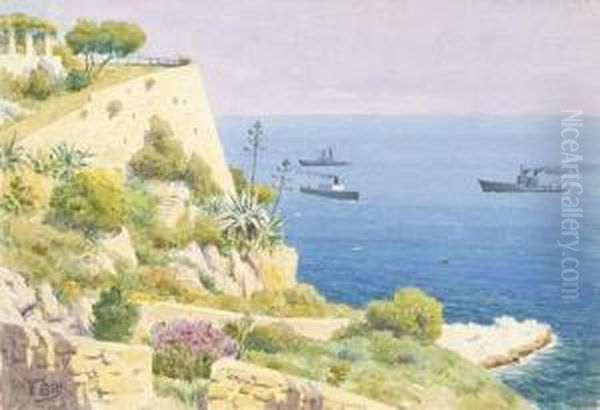 Le Cap De Nice, Trois Bateaux Croisant Oil Painting by Lina Bill