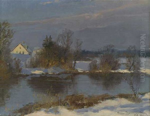 Winterlicher Flusslauf In Spater Sonnenstimmung Oil Painting by Carl Mueller-Baumgarten