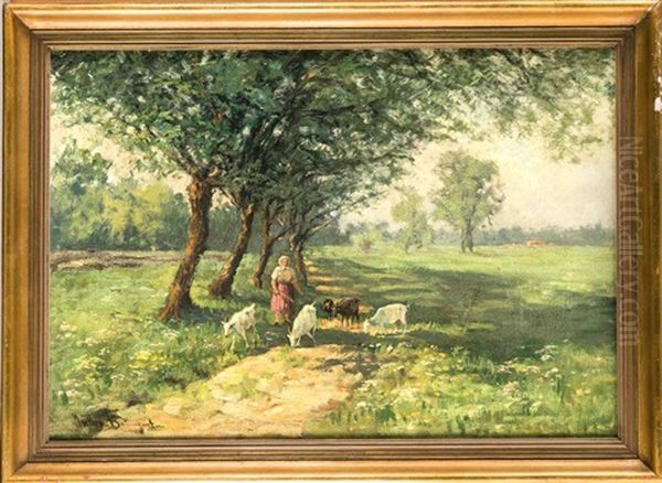 Ziegenhirtin In Sommerlicher Landschaft Oil Painting by Carl Mueller-Baumgarten