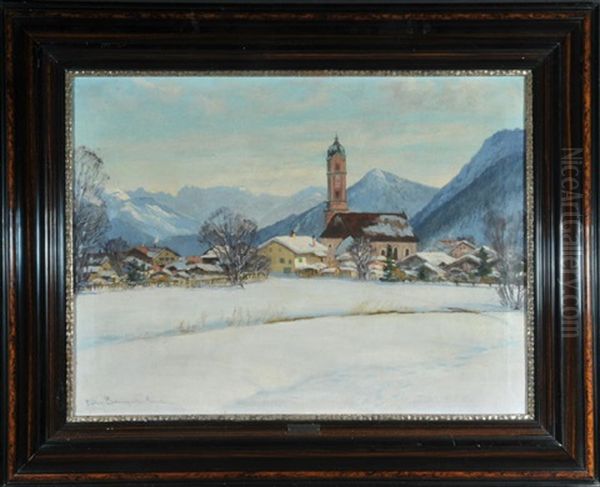 Verschneites Dorf Mit Bergpanorama Im Hintergrund Oil Painting by Carl Mueller-Baumgarten