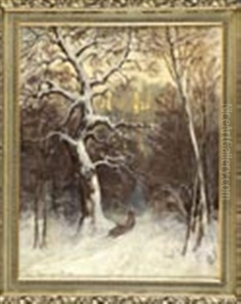 Bauerin Zieht Einen Schlitten Mit Gesammeltem Holz Durch Einen Verschneiten Wald Im Abendlicht Oil Painting by Carl Mueller-Baumgarten