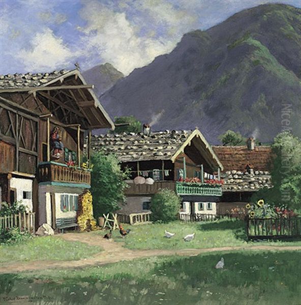 Bauernhofe Im Sonnigen Licht Vor Aufragendem Berg Oil Painting by Carl Mueller-Baumgarten