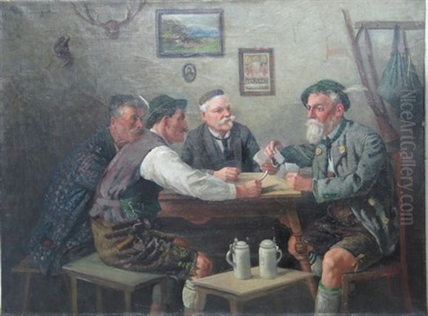 Interieurdarstellung, Mannerrunde Beim Kartenspiel Oil Painting by Carl Mueller-Baumgarten