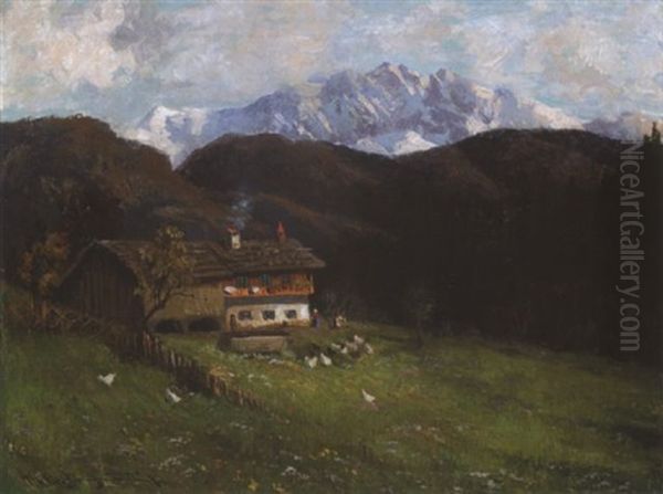 Bauernhaus In Gebirgslandschaft Oil Painting by Carl Mueller-Baumgarten