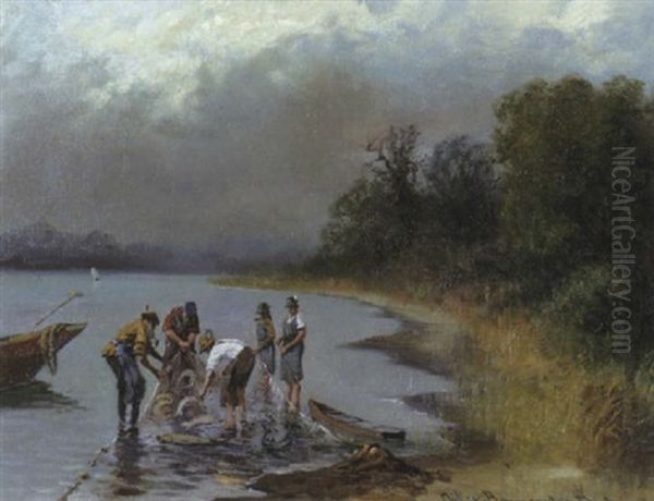 Fischer Beim Einholen Der Netze Am Seeufer (chiemsee?) Oil Painting by Carl Mueller-Baumgarten