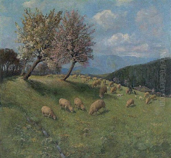 Weidende Schafe Auf Einer Bluhenden Fruhlingswiese Oil Painting by Carl Mueller-Baumgarten