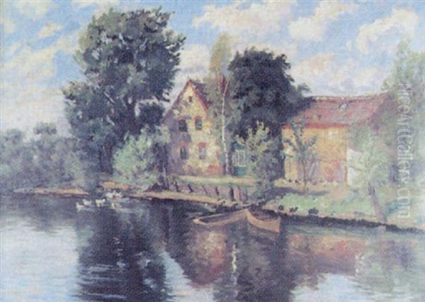 Dorfweiher Mit Kahnen Oil Painting by Carl Mueller-Baumgarten