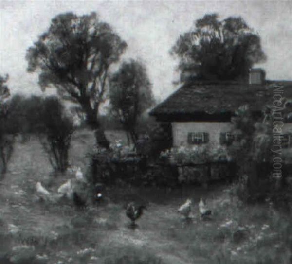 H_hnerhof Vor Einem Bauerngarten Oil Painting by Carl Mueller-Baumgarten