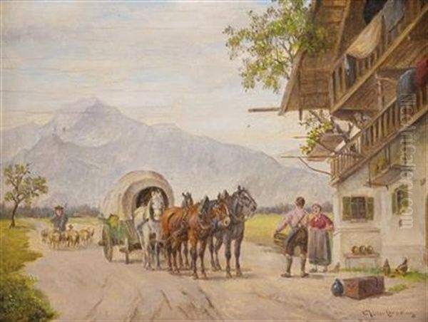 Hirte Mit Schafen Und Pferdefuhrwerk Vor Grosem Bauernhaus Oil Painting by Ludwig Mueller-Cornelius