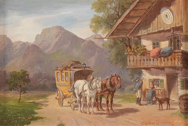 Arrival Of The Post Coach Oil Painting by Ludwig Mueller-Cornelius