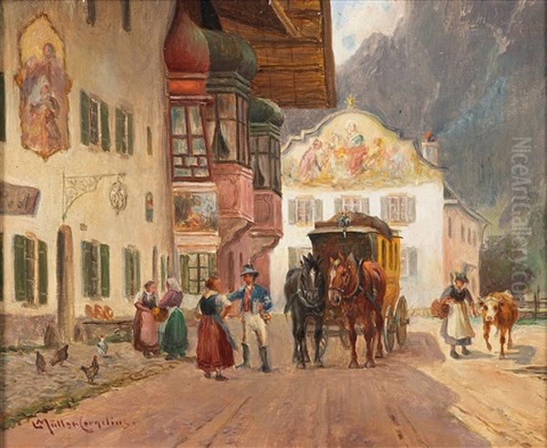 The Post Coach Stops In Mittenwald Oil Painting by Ludwig Mueller-Cornelius