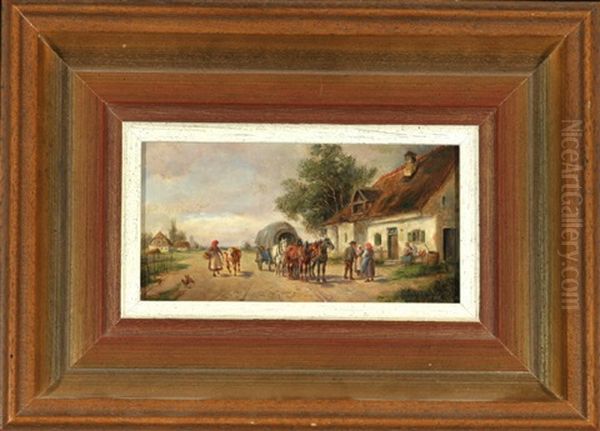 Vierspanner Mit Planwagen Am Bauernhaus Oil Painting by Ludwig Mueller-Cornelius