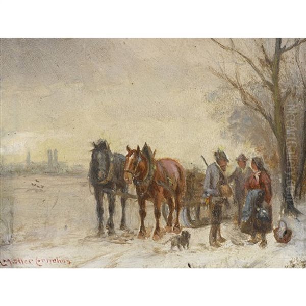 Winterlandschaft Mit Pferdeschlitten Und Staffage Oil Painting by Ludwig Mueller-Cornelius