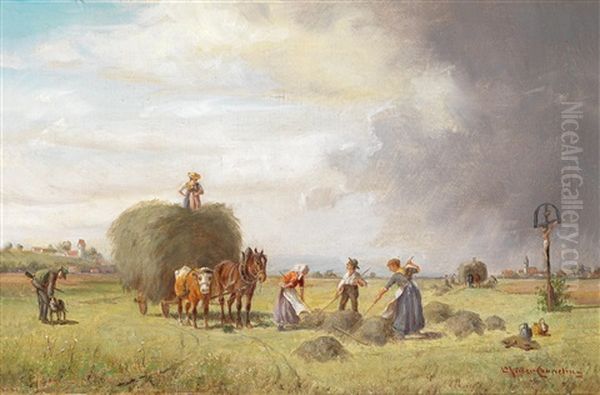 Haymaking With Approaching Storm Oil Painting by Ludwig Mueller-Cornelius