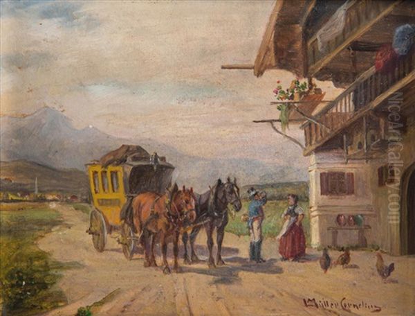 Postkutsche Vor Bayrischem Bauernhof Oil Painting by Ludwig Mueller-Cornelius