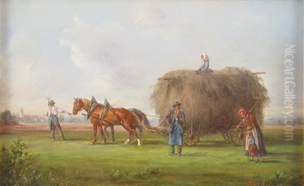 Heuernte. Bauern Mit Hoch Beladenem Zweispannigen Wagen Oil Painting by Ludwig Mueller-Cornelius