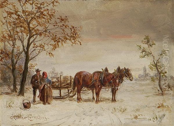 Pferdeschlitten Und Bauernpaar In Winterlandschaft Oil Painting by Ludwig Mueller-Cornelius