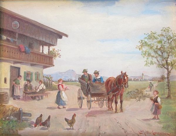 Landauer Vor Einem Gasthaus Oil Painting by Ludwig Mueller-Cornelius