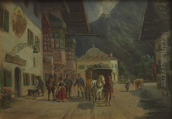 Ankunft Der Postkutsche Vor Wirtshaus Mit Luftl-malerei In Der Gegend Von Mittenwald/oberbayern Oil Painting by Ludwig Mueller-Cornelius