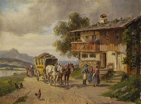 Postkutsche Vor Dem Wirtshaus (+ Postkutsche Vor Dem Bauernhaus, Lrgr; 2 Works) Oil Painting by Ludwig Mueller-Cornelius