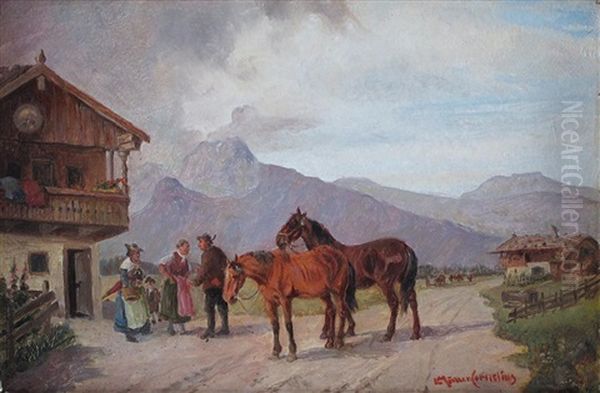 Oberbayerische Dorflandschaft Mit Figurenstaffage Und Pferden Oil Painting by Ludwig Mueller-Cornelius