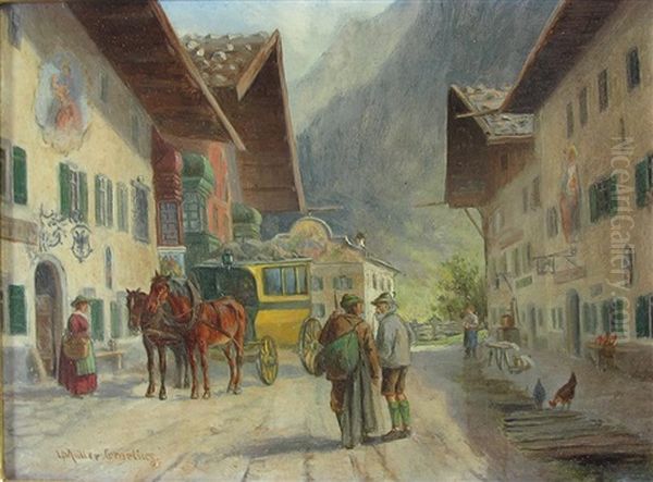 Oberbayerische Strasenansicht Mit Postkutsche Vor Dem Gasthaus Und Personenstaffage Oil Painting by Ludwig Mueller-Cornelius