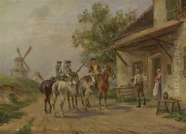 Berittene Soldaten Vor Einem Bauernhaus by Ludwig Mueller-Cornelius