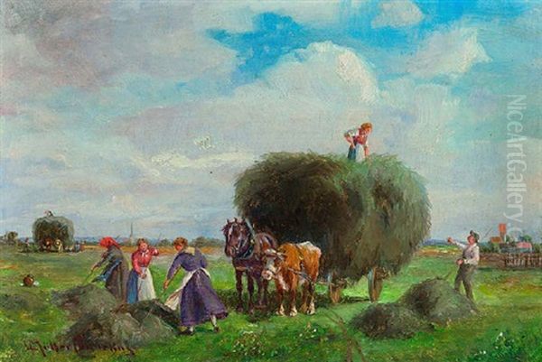 Bauern Bei Der Heuernte An Einem Spatsommertag Oil Painting by Ludwig Mueller-Cornelius