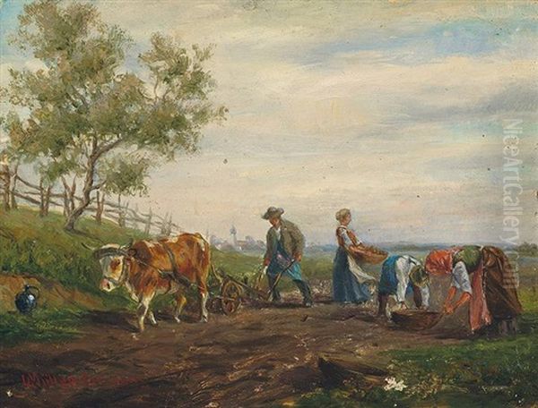 Bauern Mit Ochse Bei Der Feldarbeit Vor Fernem Kirchdorf Oil Painting by Ludwig Mueller-Cornelius