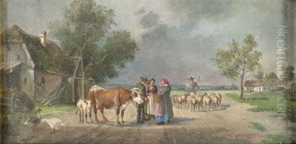 Bauern Im Gesprach Auf Einer Dorfstrasse Oil Painting by Ludwig Mueller-Cornelius