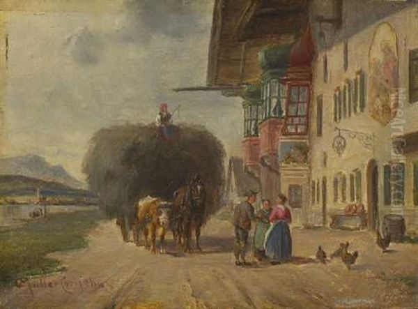 Heuwagen Vor Der Dorfwirtschaft Oil Painting by Ludwig Mueller-Cornelius