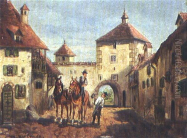 Zwei Bauern Mit Pferden Beim Stadttor by Ludwig Mueller-Cornelius